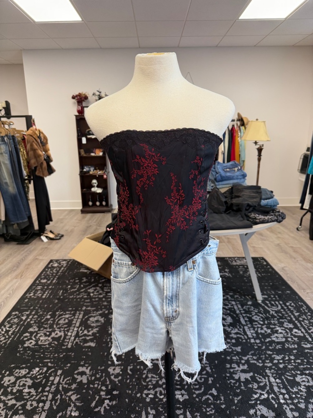 Black Strapless Corset Camisole with Red Floral Embroidery